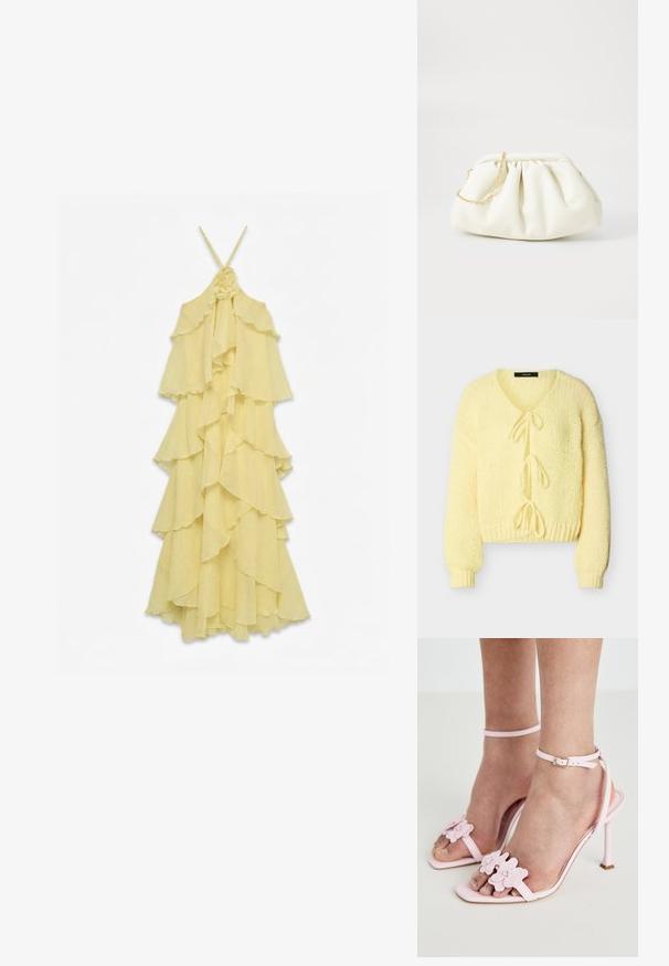 Cardigan en maille jaune doux avec manches longues, poignets et ourlet côtelés, présentant trois attaches à nouer à l'avant.; Robe sans manches jaune pâle avec plusieurs volants superposés et fines bretelles, avec un détail floral au niveau du décolleté.; Sandales à talons hauts roses avec des appliqués floraux, une fine bride de cheville et un design ouvert à l'avant. Texture lisse et forme de pointe.; Sac à main en cuir blanc avec un design plissé, doté d'une bandoulière en chaîne dorée et d'une forme arrondie. Texture lisse avec des plis doux et sans motifs.