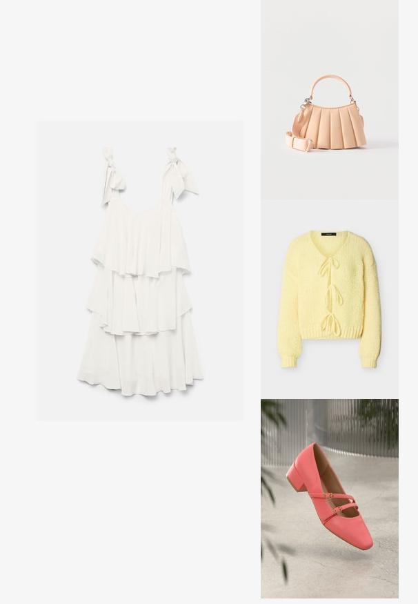 Cárdigan de punto amarillo suave con mangas largas, puños y dobladillo acanalados, que presenta tres cierres de lazo en la parte delantera.; Vestido blanco sin mangas con volantes en capas y tirantes con lazo sobre un fondo liso.; Zapato bajo de piel coral con tacón bajo y punta afilada, que presenta dos correas y hebillas en tono dorado. Textura suave, diseño minimalista.; Bolso plegado beige con asa redondeada y correa para el hombro de tela acanalada desmontable sobre fondo blanco.