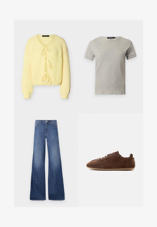 Cardigan en maille jaune doux avec manches longues, poignets et ourlet côtelés, présentant trois attaches à nouer à l'avant.; T-shirt en coton gris clair à manches courtes et col rond avec une étiquette noire visible à l'intérieur du col indiquant "DENIM" et la taille "S."; Jean en denim à jambes larges dans un délavage bleu moyen, comportant cinq poches, des passants de ceinture et une fermeture à bouton. Texture lisse avec un léger dégradé.; Sneakers basses en daim marron avec des lacets blancs et une languette blanche au talon sur une semelle beige clair, montrés de profil gauche.