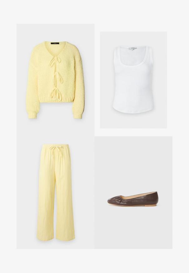 Cardigan en maille jaune doux avec manches longues, poignets et ourlet côtelés, présentant trois attaches à nouer à l'avant.; Débardeur blanc côtelé sans manches avec encolure dégagée et étiquette Topshop à l'arrière du col intérieur, présenté sur un fond uni.; Pantalon jaune ample avec des rayures blanches verticales et une taille élastique dotée d'un cordon noué.; Ballerine en cuir marron avec un bout arrondi, des détails froncés à l'avant et une semelle plate de couleur claire.
