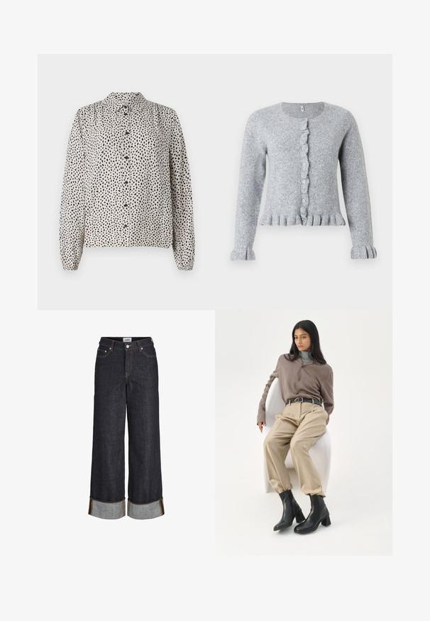 Grå strik cardigan med lange ærmer, rund halsudskæring, flæsekantet knaplister og flæsekantede manchetter og kant. Blød tekstur og tætsiddende design.; Button-up skjorte i creme med sorte pletter, med krave, lange ærmer og elastiske manchetter. Lavet af et letvægts og glat stof.; Mørkeblå jeans med brede ben og opbuk ved kanterne, fem lommer og kontrastfuld gul syning.; Kvinde med langt sort hår, der læner sig op ad en hvid buet stol iført en taupe bluse, beige bukser, sort bælte og sorte ankelstøvler med hæl.