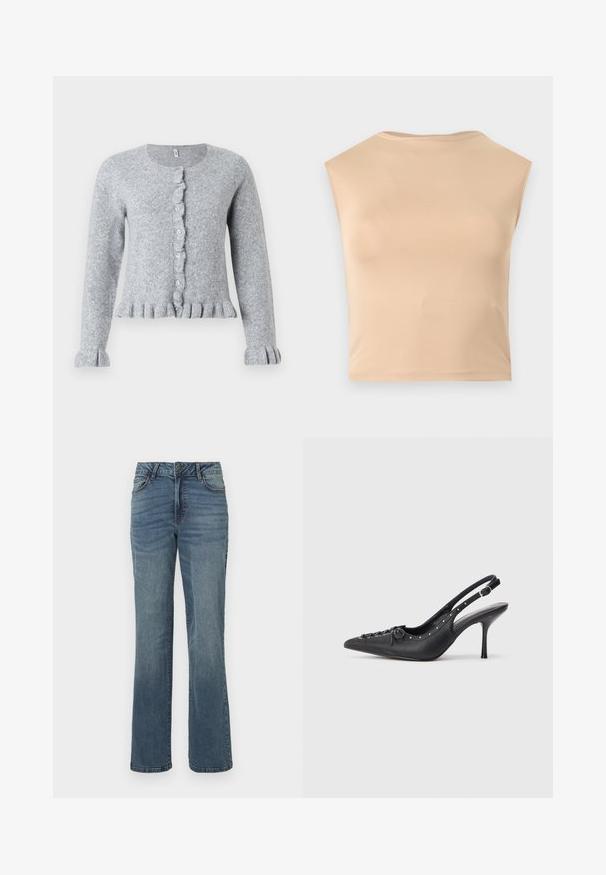Grå strik cardigan med lange ærmer, rund halsudskæring, flæsekantet knaplister og flæsekantede manchetter og kant. Blød tekstur og tætsiddende design.; Ærmeløs beige crop top med høj rund halsudskæring, glat stof og lige kant, vist på ensfarvet hvid baggrund.; Blå denimjeans med lige ben, med frontknap og lynlås lukning, for- og baglommer samt subtilt falmet detaljering.; Sorte læder slingback stiletto med spids tå, side spændebånd, nitter langs kanten og dekorativ snøring foran.