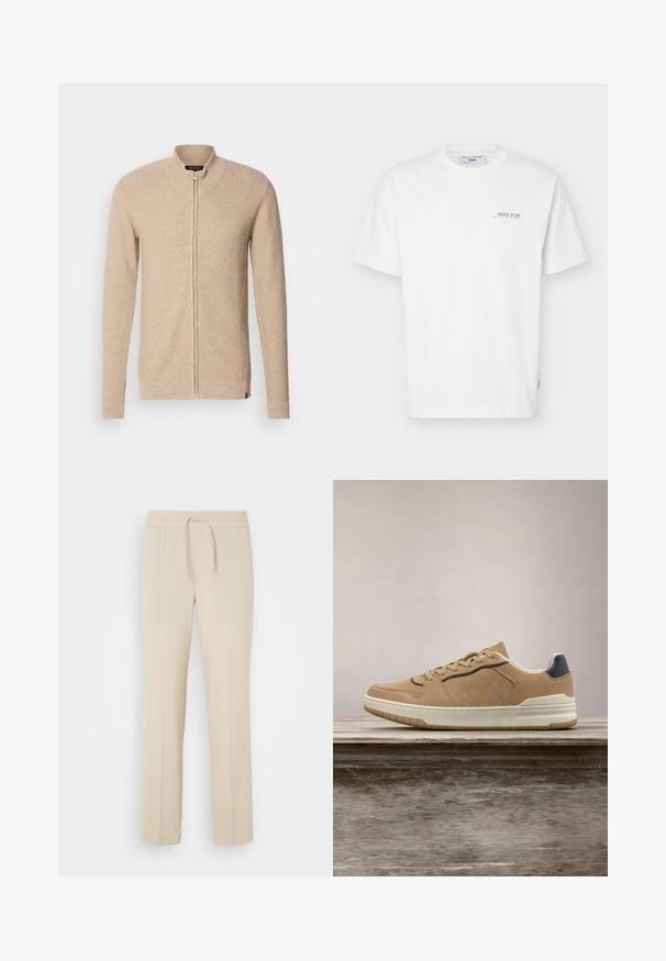 Cardigan zippé beige avec un col montant, des manches longues, un tissu tricoté texturé et des accents côtelés subtils sur les poignets et l'ourlet.; T-shirt blanc à manches courtes avec col rond, avec un petit texte vert "JUICE IT UP Marc O'Polo Denim" sur la partie gauche de la poitrine.; Pantalons beiges à taille élastique avec cordon de serrage. Comprend des jambes droites et une texture lisse, adaptés pour un usage décontracté ou pour se détendre.; Baskets en suède beige avec semelle en caoutchouc blanc, dotées de lacets beiges, d'accents bleu marine et de détails perforés sur la boîte à orteils.