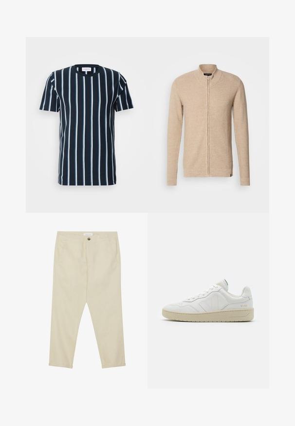 Cárdigan beige con cremallera y cuello alto, de mangas largas, fabricado en un tejido de punto texturizado y con sutiles acentos de canalé en los puños y el dobladillo.; Camiseta de rayas marinas con rayas blancas verticales, un cuello redondo, mangas cortas y un corte relajado. Tela de algodón suave.; Pantalones de algodón beige de corte recto, con bolsillos delanteros y cierre de un solo botón. De longitud hasta los tobillos y con una textura suave.; Zapatillas blancas de cuero con un acabado texturizado y cuello acolchado. Cuentan con una suela de goma beige y un sutil logotipo en el talón y el lado.