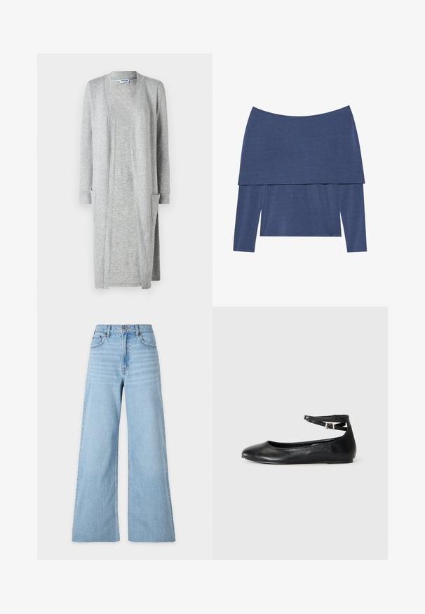 Grå lang cardigan lavet af blødt, struktureret stof, med åben frontdesign og to påsyede lommer på forsiden.; Langærmet top i mørkeblå med off-the-shoulder design og lag-efekt, fremstillet af blødt, tekstureret stof.; Lyseblå brede jeans lavet af denim. Høj talje, to forlommer og en slidt finish med subtil tekstur. Syninger langs sømmene.; Sort flad ballet-sko med rund tå og en tynd ankelrem, der er sikret af en lille metallisk spænde.