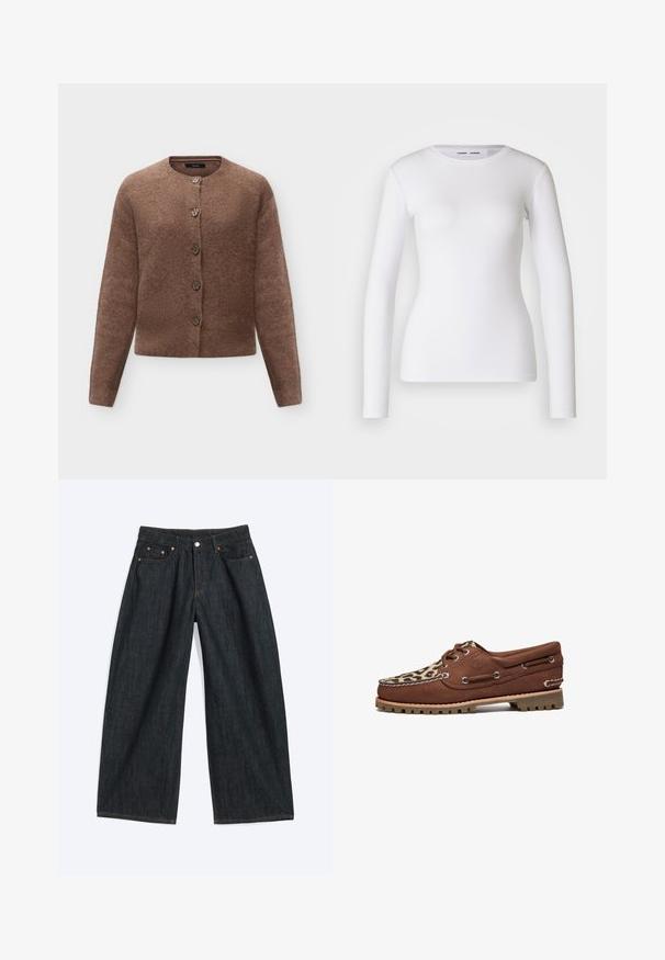 Bruine wollen cardigan met lange mouwen, ronde hals en vijf knopen aan de voorkant, afgebeeld tegen een lichtgrijze achtergrond.; Witte longsleeve shirt van ribstof, met een ronde halslijn en een getailleerde vorm. Er zijn geen patronen of accenten aanwezig.; Donkerblauwe denim jeans met wijde pijpen, voorzakken en riemlussen, plat gelegd op een lichte achtergrond.; Timberland AUTHENTIC 3 EYE - Bootschoenen - medium brown nubuck