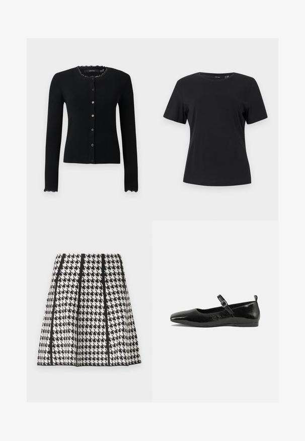 Cardigan noir côtelé à manches longues avec boutons à l'avant et bordure en dentelle au niveau du col et des poignets.; T-shirt noir à manches courtes avec col rond, ourlet droit et tissu lisse uni.; Jupe trapèze noire et blanche à motif pied-de-poule avec des rayures noires verticales sur un fond uni.; Chaussure plate en cuir verni noir avec un bout pointu, une sangle de cheville avec boucles, et une texture lisse et brillante. Talon bas pour le confort.