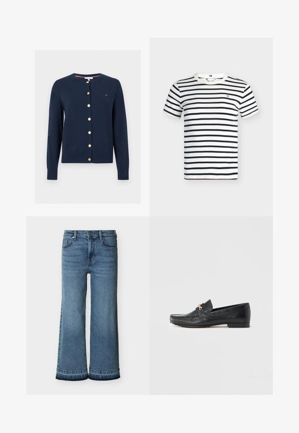 Cardigan bleu marine à manches longues avec col rond et boutons dorés sur le devant, avec un petit logo Tommy Hilfiger sur la poitrine.; T-shirt blanc à manches courtes et col rond avec des rayures horizontales bleu marine et un petit logo rouge, blanc et bleu marine sur la poitrine.; Jean en denim bleu taille haute à jambes larges avec fermeture à boutons et zip, poches avant, passants pour ceinture et ourlets cousus.; Mocassin en cuir noir avec garniture décorative en métal doré, coutures apparentes, bout légèrement pointu et semelle plate et minimaliste.
