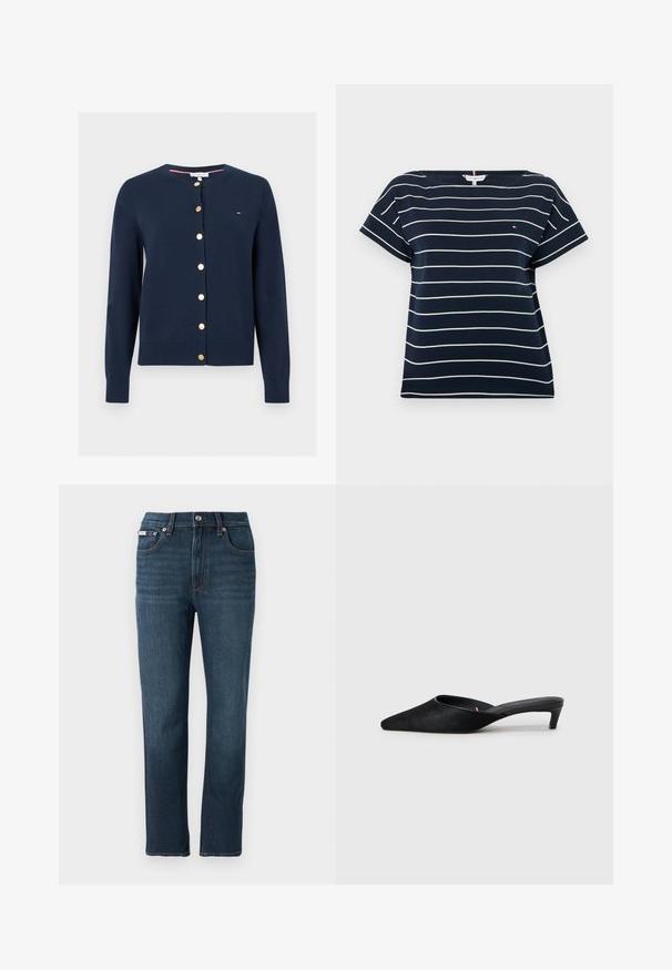 Marineblauer Langarm-Cardigan mit rundem Ausschnitt und goldenen Knöpfen vorne, mit kleinem Tommy Hilfiger Logo auf der Brust.; Marineblaue Kurzarmshirt mit weißen horizontalen Streifen und kleinem Tommy Hilfiger Logo auf der Brust.; Dunkelblaue Jeans aus Denim mit geradem Bein, Fronttaschen, Knopfverschluss und zarten Stickdetails am Bund.; Schwarze Wildleder-Mules mit spitzer Zehenform und niedrigem Absatz. Verfügen über eine glatte Textur und einen offenen Rücken für bequemes Tragen. Einfaches Design ohne Muster.