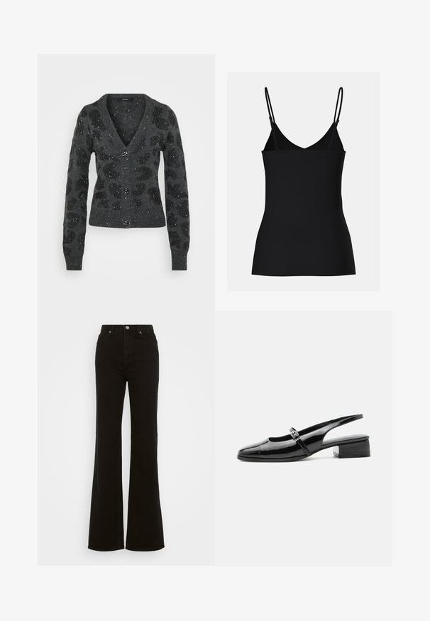 Mørkegrå cardigan med V-hals, prydet med sorte glitrende leopardpletter, med knaplukning og ribbede manchetter ved ærmerne.; Sort cami-top med tynde justerbare stropper, V-hals design, tætsiddende form og sømløs tekstur. Enkel og minimalistisk stil.; Høj talje sorte flare jeans lavet af denim, med knaplukning, sidelommer og en glat tekstur.; Sort laklæderslingback-sko med lav blokhæl og tynd rem med sølvspænde over toppen.