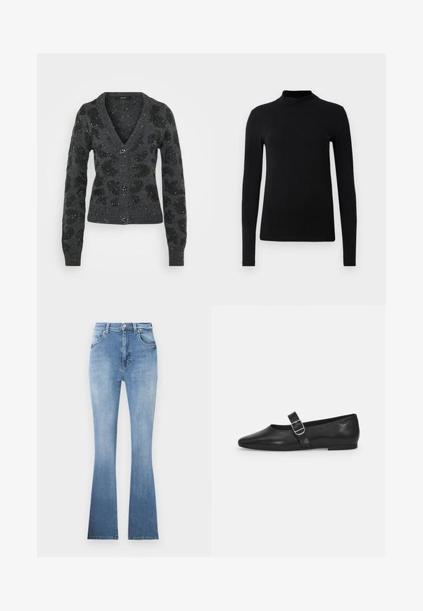 Dunkelgrauer Cardigan mit V-Ausschnitt, verziert mit schwarzen Pailletten in Leopardenflecken, ausgestattet mit einem Knopfverschluss und gerippten Bündchen an den Ärmeln.; Schwarzes Langarm-Turtleneck-Shirt aus glattem Stoff; figurbetontes Design mit hohem Kragen und ohne sichtbare Nähte. Einfache, einfarbige Ausführung.; Helle blaue Schlagjeans aus Denim, mit hoher Taille, Fronttaschen und einem dezenten Verlauf zum Saum. Mit hellem Nähen.; Schwarzer Lederflatschuh mit runder Zehenform, einem verstellbaren Schnallenriemen und einer glatten, glänzenden Oberfläche. Minimalistisches Design mit einem niedrigen Absatz.
