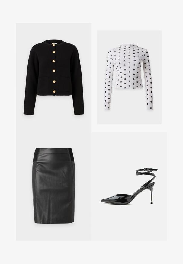 JDY JDYKIM - Cardigan - black; Hvid cropped top med lange ærmer med sorte polkaprikker jævnt fordelt over stoffet.; Sorte læderblyantskirt med en tætsiddende design, glat tekstur og elastisk talje med detaljer på begge sider. Flad kant i bunden.; Sort laklæder spids tå stilet hæl med tynde ankremme og lille spænde.