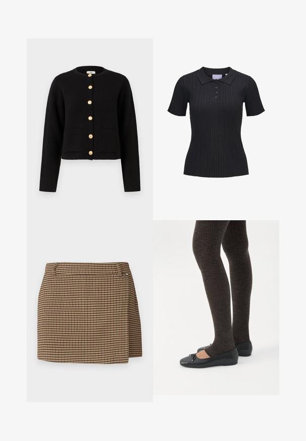 JDY JDYKIM - Cardigan - black; Sort kortærmet ribstrikket polo i strik med fire knapper og traditionelt krave.; Brun og beige houndstooth-mønstereret miniskørt med en lille omslagseffekt og bæltestropper på en hvid baggrund.; Ben iført mørke ribbede leggings kombineret med sorte balletsko med små sløjfedetaljer på hvid baggrund.