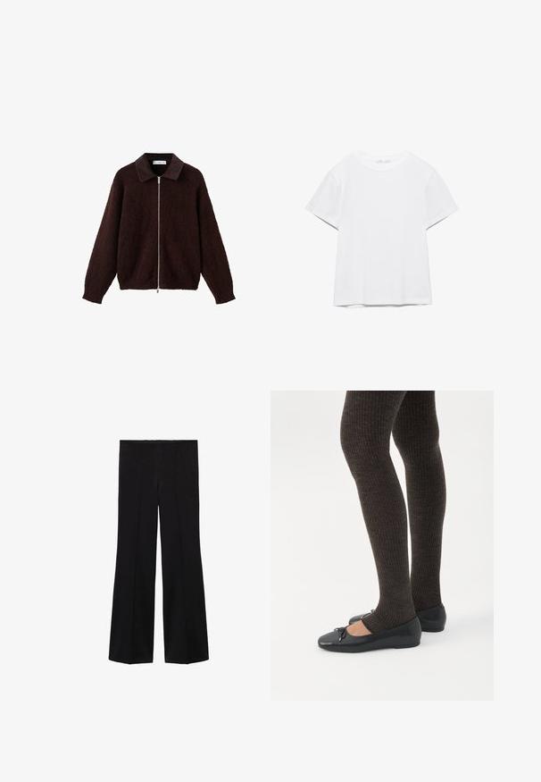Brun zip-jakke lavet af tekstureret stof med en mørk krave. Designet inkluderer lange ærmer og en afslappet pasform.; Hvid, kortærmet T-shirt med rund hals og lige kant, vist på en hvid baggrund.; Sorte højtaljede bukser med brede ben og for- søm detaljer, lavet af et glat stof.; Ben iført mørke ribbede leggings kombineret med sorte balletsko med små sløjfedetaljer på hvid baggrund.