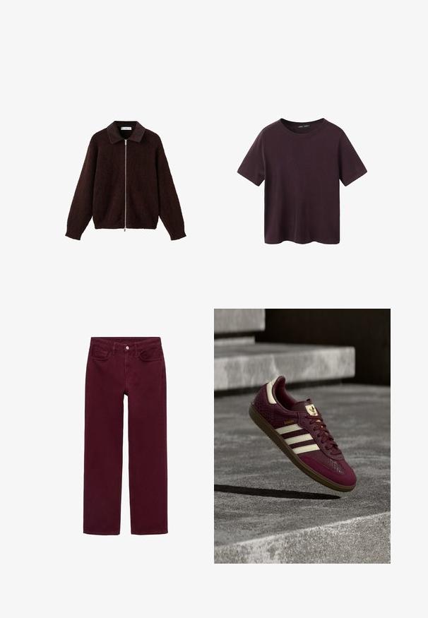 Brun zip-jakke lavet af tekstureret stof med en mørk krave. Designet inkluderer lange ærmer og en afslappet pasform.; Kortærmet, mørkelilla rundhalset t-shirt med løs pasform og glat stoftekstur, vist på en hvid baggrund.; Bordeauxfarvede jeans lavet af bomuld, med et lige ben design, fem-lomme stil og en knaplukning i taljen.; Bourgognefarvet sneaker med tekstureret læder, tre hvide striber og gyldne detaljer. Gummisål, klassisk Samba-design og åndbare mesh-detaljer.