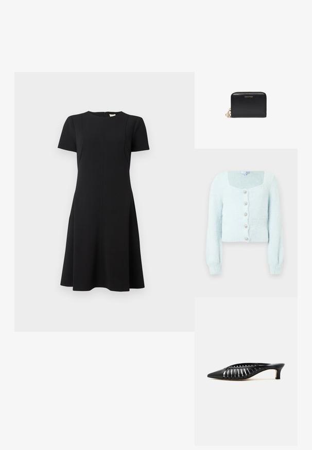 Hele sinine lühike kardigan pehme tekstuuriga, millel on ruudukujuline kaelus, pikad varrukad ja viis dekoratiivset nööpi ees.; Calvin Klein FLARE DRESS - Päevakleit - black; Mustast nahast mule terava varbaosaga, rihmadega ja madala kitten-kontsaga valgel taustal.; Must Calvin Kleini ümber lukuga rahakott kuldse logoga ja CK ripatsiga tõmblukul, valgel taustal eksponeeritud.