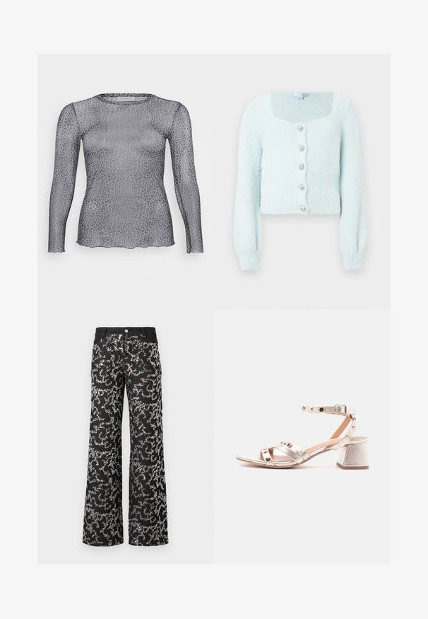 Lyseblå cropped cardigan i blød, loet tekstur med firkantet halsudskæring, lange ærmer og fem dekorative knapper foran.; Gennemsigtig grå langærmet top med leopardmønster, der har en rund halsudskæring og en klokkeformet kant. Fremstillet af letvægts, gennemsigtigt materiale.; Sorte højtaljede bukser med brede ben, prydet med et helsides sølvfarvet pailette-swirls mønster og med knaplukning fortil.; Sølv åben sandal med blokhæl, ankelrem og dekorative runde nitter på remmene, vist mod en ensfarvet hvid baggrund.