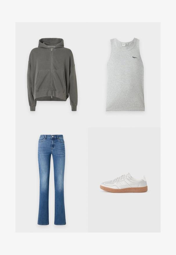 Grå zip-up hættetrøje med hætte, forlommer og cropped design. Tekstureret stof med en afslappet pasform og ribbede manchetter.; Lysegrå ærmeløs ribbet tanktop med rund halsudskæring og lille sort "Pepe Jeans" logo på øverste venstre bryst.; ONLY ONLWAUW MID WAIST - Jeans Slim Fit - medium blue denim; Sølv sneakers med en glat overflade, snørebånd, perforerede detaljer og en struktureret brun gummi sål.