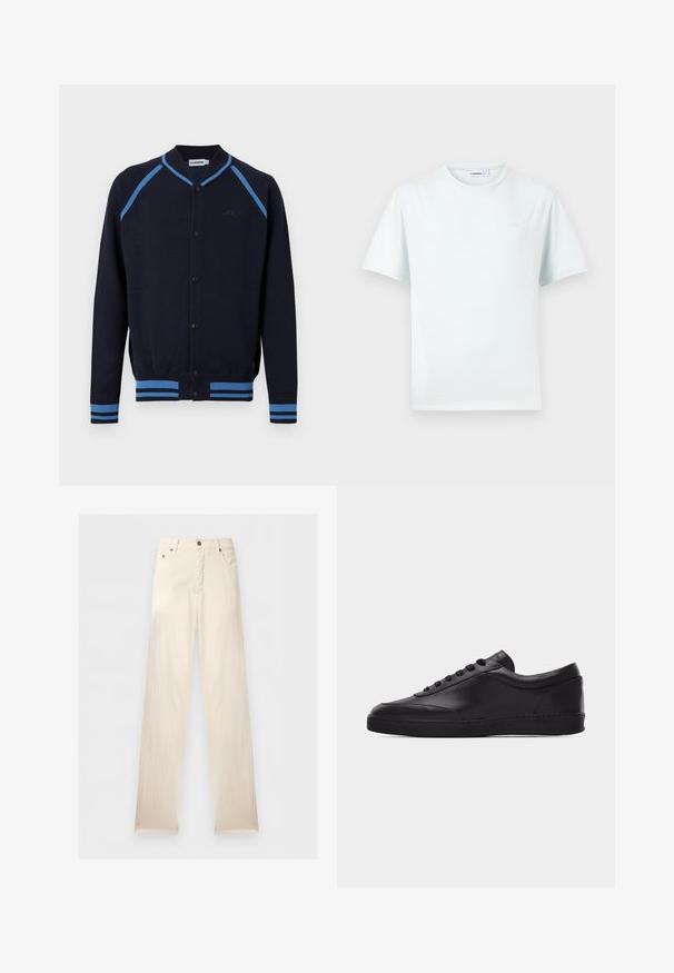 Cardigan bleu marine à boutons avec des rayures bleu clair sur les épaules, les poignets et l'ourlet, doté d'un col côtelé et d'un logo discret sur la poitrine.; T-shirt blanc uni à manches courtes avec col rond, orné d'un logo discret sur la poitrine et d'une étiquette de marque visible à l'intérieur du col.; Pantalon droit écru avec passants de ceinture, bouton sur le devant, fermeture éclair et poches latérales, présenté sur un fond uni.; Baskets basses en cuir noir avec lacets sur le devant et semelle en caoutchouc plate, vues de côté sur un fond blanc uni.