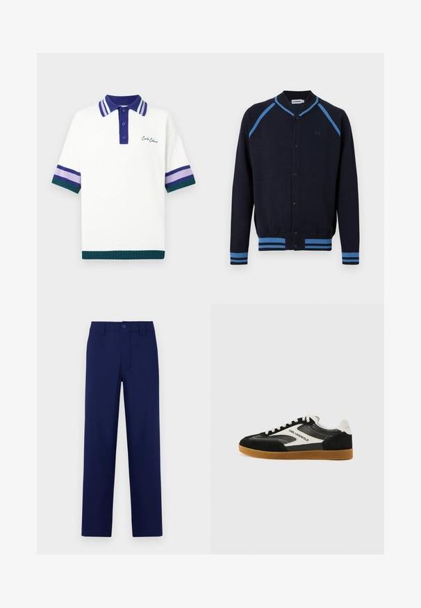 Cardigan bleu marine à boutons avec des rayures bleu clair sur les épaules, les poignets et l'ourlet, doté d'un col côtelé et d'un logo discret sur la poitrine.; Polo blanc en maille texturée. Col bleu marine à rayures avec accents rayés en violet et vert sur les manches. Marquage brodé.; Pantalons bleu marine avec fermeture à bouton et zip, coupe droite, devant plat et poches latérales ; fabriqués en tissu lisse et léger.; Baskets basses noir et blanc en matériaux daim et cuir, avec une semelle en caoutchouc gomme et un détail logo "Karl Lagerfeld".