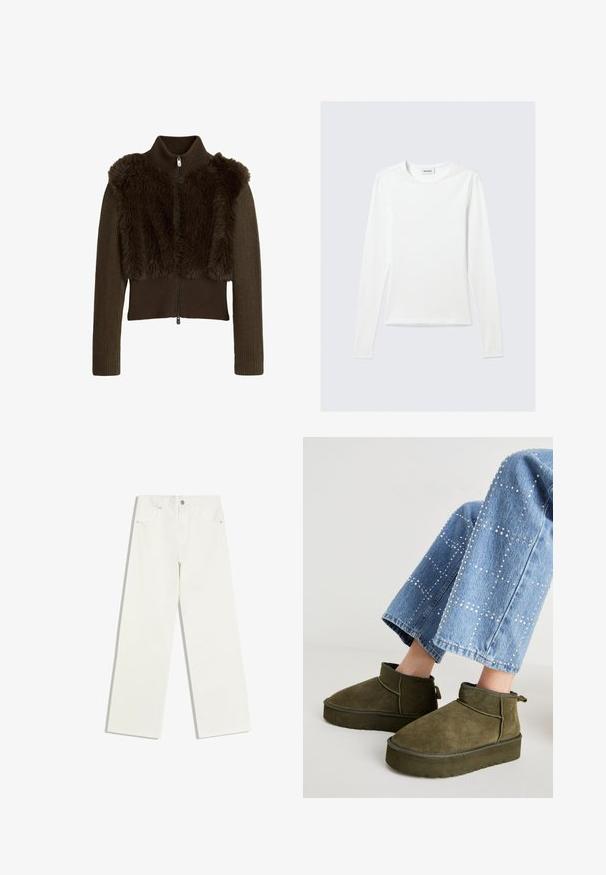 Brun lynlåstrøje med ribstrikkede lange ærmer og kunstpels-sektion foran og på skuldrene, med høj krave.; Langærmet, enkel hvid T-shirt med rund halsudskæring og tætsiddende pasform, vist mod en lysegrå baggrund.; Hvide jeans med højt liv og lige ben, med forlommer og knaplukning på hvid baggrund.; Oliven grøn ruskinds ankelstøvler med en tyk, struktureret sål og en pull tab. Kombineret med lyseblå, udsmykkede denim jeans.
