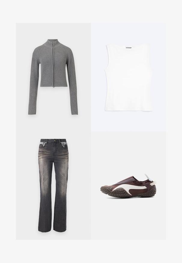 Cardigan court en tricot côtelé gris avec fermeture éclair sur le devant et manches longues sur un fond blanc.; Débardeur blanc ajusté sans manches avec un col rond et un design minimaliste, étiqueté "WEEKDAY" à l'intérieur du col.; Jeans en denim noir avec un design à jambes droites, présentant des détails en dentelle sur les poches et un léger dégradé. Les éléments en métal comprennent un bouton et des rivets.; Chaussure à enfiler marron et blanche avec semelle en caoutchouc texturée couverte de petites pastilles rondes, bracelet élastique à la cheville et languette à l'arrière.