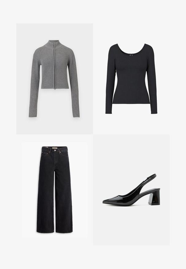 Grå ribbet strikket cropped cardigan med fuld frontlynlås og lange ærmer på en hvid baggrund.; Sort ribbet langærmet top med en rund halsudskæring. Materialet er blødt og strækbart, og har en vertikal ribstruktur over hele toppen.; Sorte brede benjeans lavet af denim, med fem lommer, kobbernitter og en klassisk knaplukning. Glat tekstur med et rent design.; Sort slingback sko i lakeret læder med spids tå og chunky midhøj blokhæl på hvid baggrund.