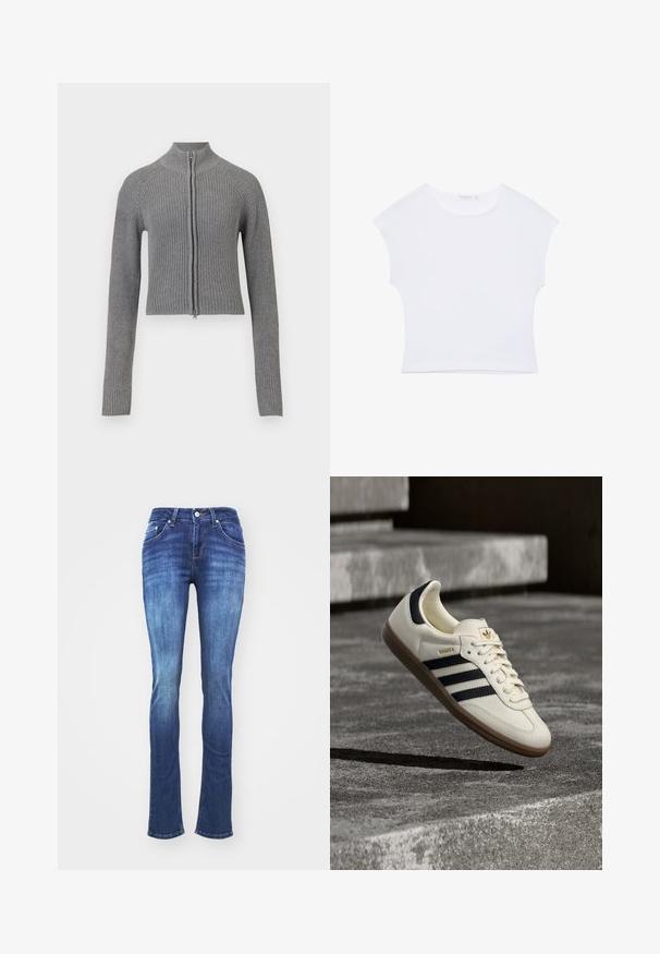 Grå ribbet strikket cropped cardigan med fuld frontlynlås og lange ærmer på en hvid baggrund.; Hvid kortærmet cropped T-shirt med rund halsudskæring, lavet af glat stof, lagt fladt på en hvid baggrund.; Mørkeblå denimjeans med et falmet design, lige ben, fem lommer og lynlås. Syede detaljer langs sømmene og lommerne.; Hvid Adidas Samba sneaker med sorte striber og gummsål, svævende over teksturerede grå betonstrin.