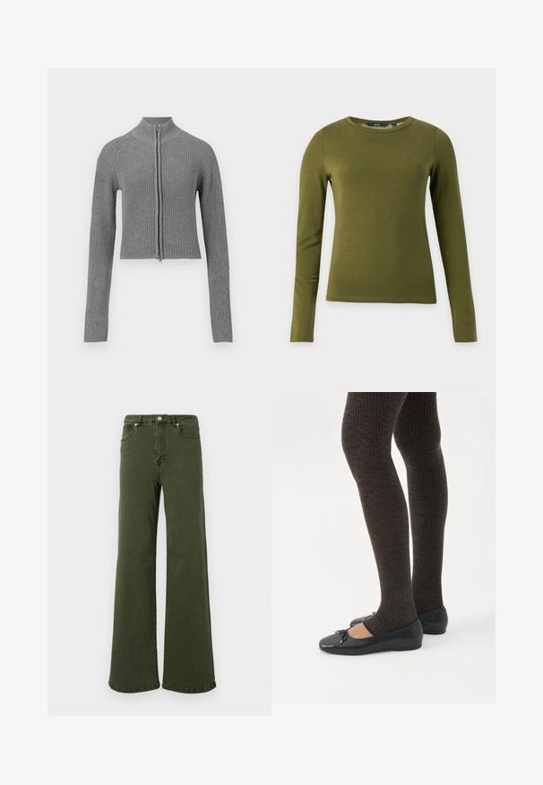 Cardigan court en tricot côtelé gris avec fermeture éclair sur le devant et manches longues sur un fond blanc.; T-shirt à manches longues couleur vert olive, col rond, coupe slim et design sobre sur fond blanc.; Jean évasé vert olive en coton, avec taille haute, design à cinq poches, bouton en métal et détails de couture le long des coutures.; Jambes portant des leggings côtelés foncés associés à des ballerines noires avec de petits détails en nœud sur fond blanc.
