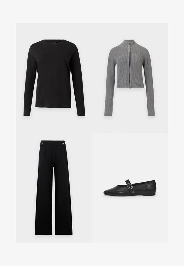 Grå ribbet strikket cropped cardigan med fuld frontlynlås og lange ærmer på en hvid baggrund.; Sort langærmet t-shirt lavet af bomuld med rund hals. Har en glat tekstur og et simpel design, velegnet til afslappet brug.; Sorte bukser med vide ben, højttaljede og med to sølvfarvede knapper på taljebåndet, vist mod en ensfarvet lys baggrund.; Sorte læder flade sko med rund tå, et enkelt justerbart spænde og en glat, blank overflade. Minimalistisk design med en lav hæl.
