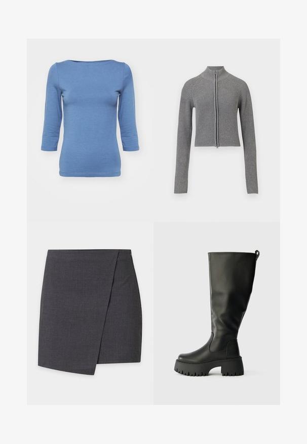 Grå ribbet strikket cropped cardigan med fuld frontlynlås og lange ærmer på en hvid baggrund.; Blå langærmet bluse lavet af blødt stof med scoop halsudskæring og tætsiddende design. Har en glat tekstur og syninger langs kanten.; Mørkegrå mininederdel i wrap-stil med rene linjer og diskret overlapning i siden.; Knæhøje sorte gummistøvler med en kraftig sål, glat overflade og en slip-on rem bagpå for nem påtagning. Rund tå-design.