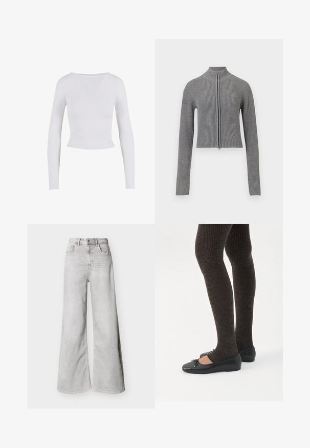 Cárdigan corto de punto acanalado gris con cremallera frontal completa y mangas largas sobre un fondo blanco.; Top corto de manga larga blanco con cuello redondo, hecho de una tela suave y elástica, que presenta un diseño ajustado y sin cierres visibles.; Jeans de pierna ancha color gris claro hechos de mezclilla, con cintura alta, bolsillos delanteros y cierre de botones. Textura suave con un aspecto ligeramente desvanecido.; Piernas con leggings oscuros acanalados combinados con bailarinas negras que presentan pequeños detalles de lazo sobre un fondo blanco.