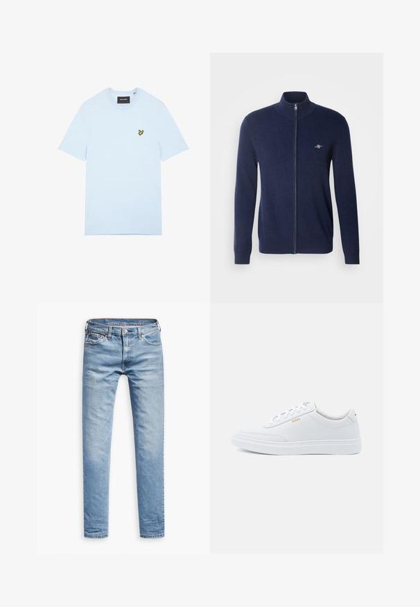 Marineblå zip-cardigan i en blød uldblanding. Har en høj krave, tætsiddende manchetter og et lille broderet logo på brystet.; Lyseblå bomulds t-shirt med rund halsudskæring, med en lille gul fuglelogo broderet på venstre bryst. Korte ærmer, ensfarvet.; Lyseblå denimbukser, lige pasform, fem-lomme design, med lynlås og knaplukning. Glat tekstur med subtile falmede detaljer.; Hvide lædersneakers med glat tekstur, rund tå og ton-i-ton syning. Har blå snørebånd og et gult logo på siden.