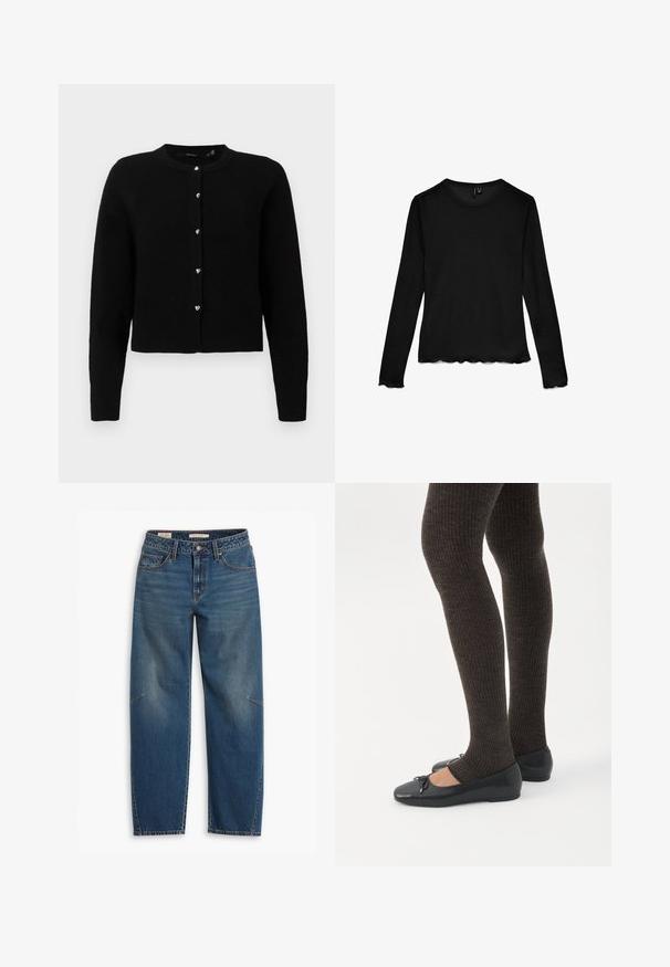 Sort cardigan, blødt strikmateriale, rund halsudskæring, lange ærmer, fem sølvfarvede hjerteformede knapper ned langs forsiden, ribbet kant og manchetter.; Sort langærmet T-shirt med rund hals og bølgede kanter på ærmer og kant, lagt fladt på en hvid baggrund.; Blå denim jeans med en afslappet pasform, der har høj talje, lige ben, synligt syning og en lille detalje på venstre knæ.; Ben iført mørke ribbede leggings kombineret med sorte balletsko med små sløjfedetaljer på hvid baggrund.