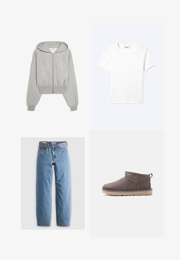 Lys grå cropped lynlås-hoodie med lange ærmer, elastiske manchetter og hætte, vist på en hvid baggrund.; Ensfarvet hvid t-shirt med korte ærmer og rund halsudskæring med en lille "WEEKDAY" label indeni halskanten, vist fladt på en lys baggrund.; Lysblå denim jeans med lige ben-design, fem lommer, lynlås og en subtil falmet tekstur. Klassisk stil med minimal hardware.; Lav brun ruskindssko med lav ankelhøjde, slidstærk sål og træksnor på en ensartet baggrund.