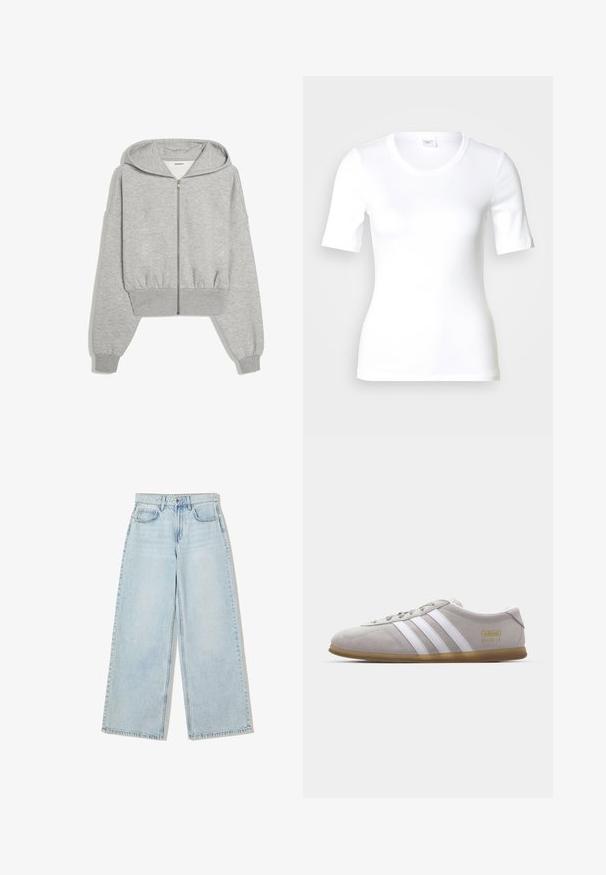 Lichtgrijze cropped zip-up hoodie met lange mouwen, elastische boorden en een capuchon, weergegeven op een witte achtergrond.; Wit T-shirt met korte mouwen van glad katoen, met een ronde halslijn en een aangesloten pasvorm. Klassiek ontwerp, zonder patronen of accenten.; Lichtblauwe wijde spijkerbroek van denim, met een hoge taille, vijf zakken en zichtbare stiksels langs de naden.; Grijze suede sneaker met witte leren strepen en gouden logo detail. Platte gum zool, ronde neus en klassiek vetersluitingssysteem.
