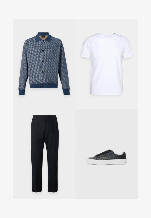 Cardigan boutonné bleu avec motif géométrique, col, poignets et ourlet bleu uni, présenté sur un fond blanc.; T-shirt blanc à manches courtes en tissu de coton avec un col rond. Design simple sans motifs ni accents. Texture lisse.; Pantalon noir à jambe droite avec fermeture à boutons, passants pour ceinture et poches latérales, présenté sur un fond uni.; Sneaker en cuir noir avec semelle en caoutchouc blanc, bout arrondi et lacets noirs, présentant une texture lisse et un design minimaliste.
