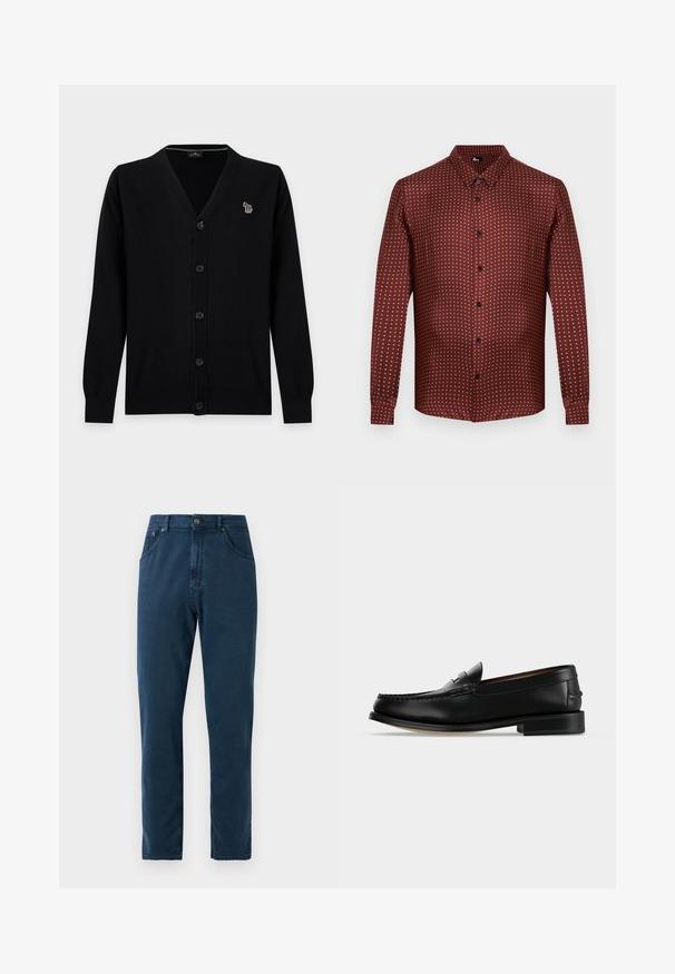 Cárdigan negro abotonado, con mangas largas y un pequeño parche multicolor de cebra en el pecho izquierdo.; Camisa de botones burdeos con un tejido texturizado, que presenta un patrón de lunares en color crema. Mangas largas y un diseño de cuello tradicional.; Jeans de pierna recta en azul marino con botones frontales, pasadores para cinturón y costuras visibles en los bolsillos y las costuras.; Mocasín masculino de cuero negro con tacón bajo y costura estilo mocasín en la puntera, mostrado de lado sobre un fondo liso.