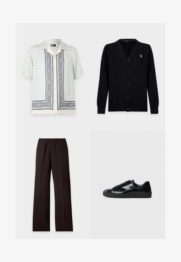 Cardigan noir boutonné avec manches longues et un petit écusson zèbre multicolore sur la poitrine gauche.; Chemise à manches courtes couleur crème avec boutons, motifs paisley bleu marine et petites croix, col évasé et coupe décontractée.; Pantalon noir à jambes larges avec taille élastique et plis droits à l'avant, présenté sur un fond clair uni.; Baskets en cuir verni noir avec un bout arrondi, un laçage, une semelle en caoutchouc texturé et une finition lisse.