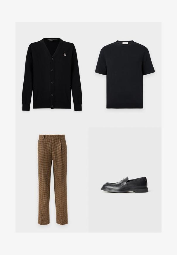 Sort cardigan med knapper, lange ærmer og et lille flerfarvet zebra-patch på venstre bryst.; Sort kortærmet t-shirt med rund hals og ribbet kant forneden og på ærmerne, ensfarvet design, vist mod en hvid baggrund.; Brune ternede bukser med løs pasform, der har folder foran, et glat tekstureret stof og et lige ben design.; Sorte læder loafers med en struktureret finish, der har en dekorativ frontrem og en rundet tå. Gummisål for holdbarhed.