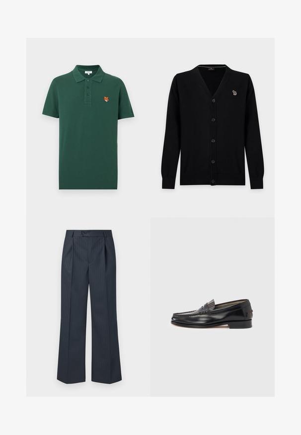 Cardigan noir boutonné avec manches longues et un petit écusson zèbre multicolore sur la poitrine gauche.; Polo vert foncé à manches courtes avec trois boutons et une petite tête de renard brodée sur le côté gauche de la poitrine.; Pantalons larges rayés marine avec plis avant, fermeture à bouton unique et tissu lisse. Présente des fines rayures verticales vertes pour le détail.; Mocassins en cuir noir avec un design de style mocassin, présentant une bande décorative et un détail de couture sur le dessus. Talon bloc bas.