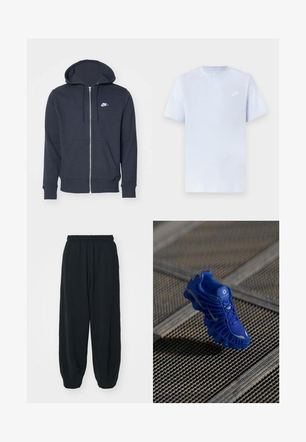 Donkergrijze rits hoodie van zacht materiaal. Bevat een voorrits, twee voorzakken en een klein wit Nike-logo op de borst.; Lichtblauwe katoenen t-shirt met korte mouwen, ronde hals en een wit Nike-logo gedrukt op de linkerborst. Glad textuur, eenvoudig ontwerp.; Zwarte, elastiche sweatpants met een losse pasvorm, manchetten aan de enkels, een zachte textuur en zonder zichtbare patronen of hardwareaccenten.; Blauwe sportschoen met een bovenwerk van mesh, een gestructureerd ontwerp en een opvallende zool met duidelijke dempingselementen en reflecterende accenten.
