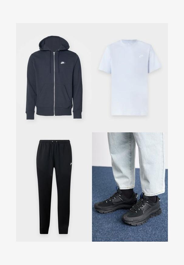 Mørkegrå zip-up hættetrøje lavet af blødt materiale. Har en frontlynlås, to frontlommer og et lille hvidt Nike-logo på brystet.; Lyseblå bomulds t-shirt med korte ærmer, rund hals og et hvidt Nike-logo trykt på venstre bryst. Glat tekstur, simpelt design.; Sorte sweatshirtbukser lavet af blødt stof, med elastisk talje og snoretræk, ribbede ankler og en lille logo-detalje på siden.; Sorte træningssko med tekstureret stof og gummisåler, udstyret med elastiske snørebånd og en blå detalje på hælen. Bæres med lyse denimbukser.