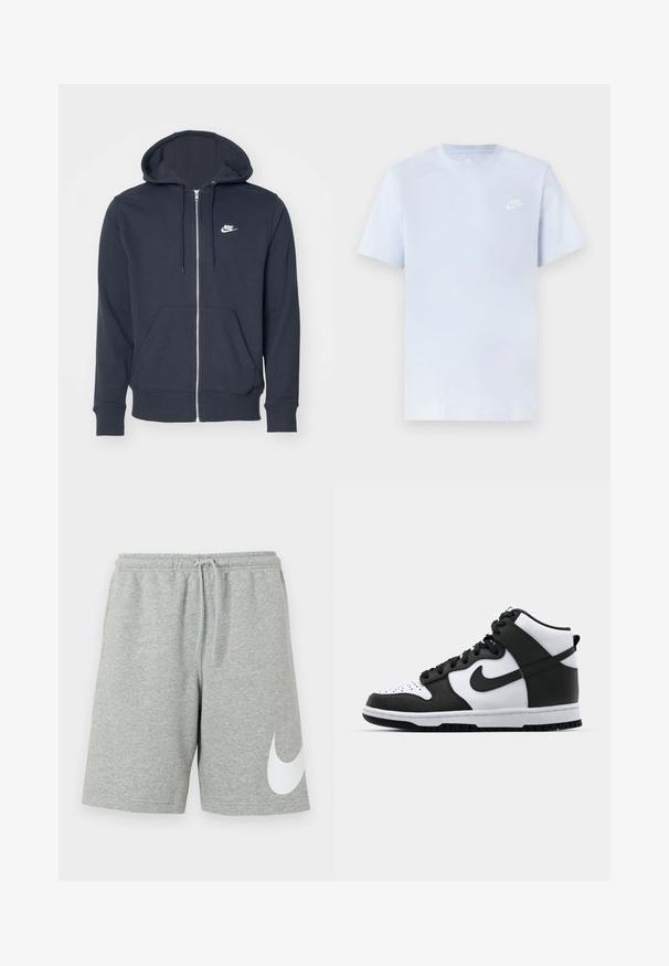 Sudadera con cremallera de color gris oscuro, fabricada en tela suave. Presenta una cremallera frontal, dos bolsillos delanteros y un pequeño logo blanco de Nike en el pecho.; Camiseta de algodón de color azul claro con mangas cortas, cuello redondo y un logo blanco de Nike impreso en el pecho izquierdo. Textura suave, diseño sencillo.; Pantalones cortos deportivos gris claro con cintura elástica, cordón ajustable y un gran logotipo blanco de Nike Swoosh en la parte inferior de la pierna izquierda.; Zapatilla alta en blanco y negro con parte superior de cuero, puntera perforada, logo de swoosh prominente y suela de goma texturizada.