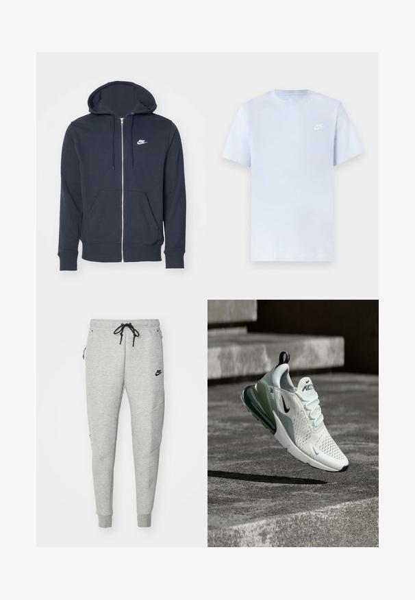Donkergrijze rits hoodie van zacht materiaal. Bevat een voorrits, twee voorzakken en een klein wit Nike-logo op de borst.; Lichtblauwe katoenen t-shirt met korte mouwen, ronde hals en een wit Nike-logo gedrukt op de linkerborst. Glad textuur, eenvoudig ontwerp.; Grijze sweatpants met een gladde textuur, elastische tailleband, verstelbaar zwart trekkoord, twee zijzakken en een klein zwart logo.; Witte en grijze Nike Air Max sneaker zwevend boven betonnen traptreden, waarbij de demping en het ademende ontwerp worden benadrukt.