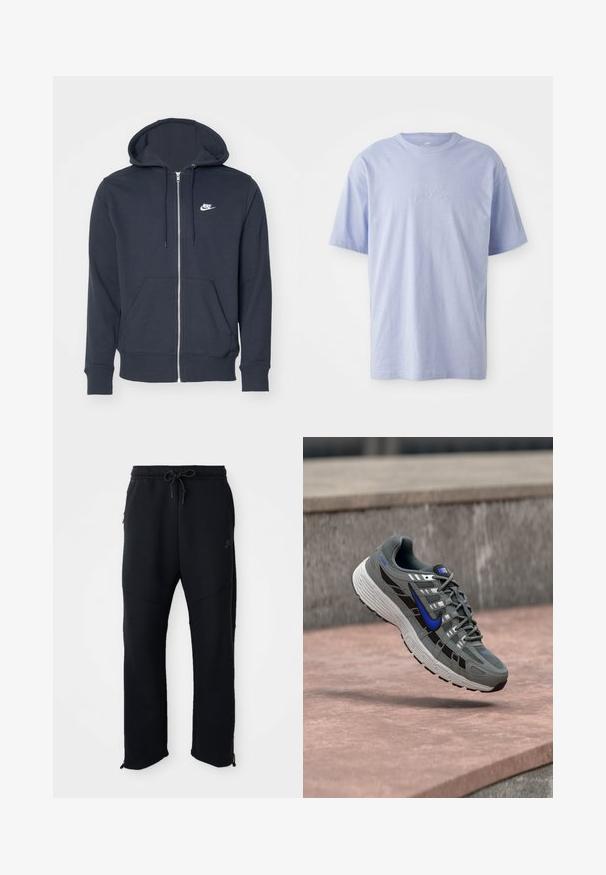 Tmavošedá mikina na zips vyrobená z jemnej textílie. Obsahuje predný zips, dve predné vrecká a malé biele logo Nike na hrudi.; Svetlomodré bavlnené tričko s okrúhlym výstrihom a krátkymi rukávmi. Má vystúpené logo "nike" v strede prednej časti. Mäkkučký materiál.; Čierne športové nohavice s elastickým pásom a šnúrkou, majú postranné vrecká, zúžené nohavice a zipsy na členkoch. Hladká textúra.; Šedá a čierna bežecká obuv Nike s modrým logom a bielou podrážkou vznášajúca sa nad kamenným povrchom.
