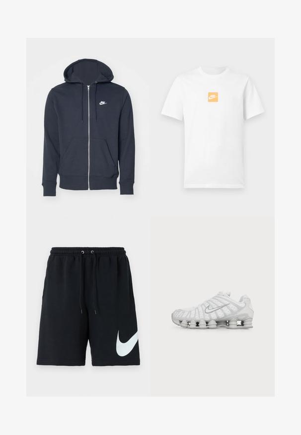 Tumehall kaelusega kapuutsiga jakk, mis on valmistatud pehmest kangast. Omab eesmine tõmblukk, kahte eesmist taskut ja väikest valget Nike logo rinnal.; Valge lühikeste varrukatega puuvillane T-särk, mille rinnal on väike oranž ruut valge Nike'i logoga ja Swoosh'iga.; Must värvi puuvillased lühikesed püksid, millel on elastne vöökoht, pael, küljetaskud ja suur valge Nike logo prinditud vasakule küljele.; Valge Nike jooksujalats nähtava õhupadjaga tallaga ja hõbedase Swooshi logoga küljel, nähtav välisküljelt.