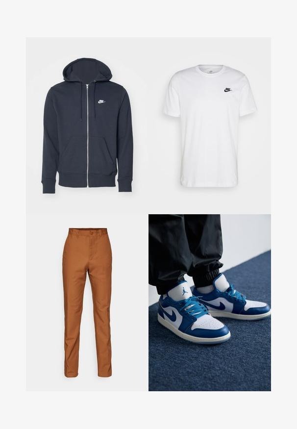 Tumehall kaelusega kapuutsiga jakk, mis on valmistatud pehmest kangast. Omab eesmine tõmblukk, kahte eesmist taskut ja väikest valget Nike logo rinnal.; Valge puuvillane T-särk, millel on ringkaelus, lühikesed varrukad ja must Nike logo vasakul rinnal. Lihtne, ühtlane värvi disain.; Pruunid puuvillased püksid sirge lõikega, nupuga kinnituse ja küljetaskutega. Sile tekstuur ja ühtlane värv üle kogu.; Nike Air Jordan tennisijalad on valge nahast alus siniste sünteetiliste detailidega, aukudega varbakoht ja sinised paelad.