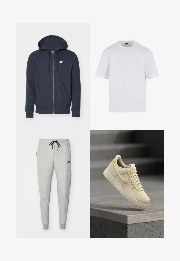 Tmavošedá mikina na zips vyrobená z jemnej textílie. Obsahuje predný zips, dve predné vrecká a malé biele logo Nike na hrudi.; Biela polokošeľa s krátkym rukávom vyrobená z bavlny. Má okrúhly výstrih a voľný strih. Hladká textúra, minimalistický dizajn, bez vzorov alebo akcentov.; Šedé tepláky s hladkou textúrou, elastickým pásom, nastaviteľným čiernym šnúrkom, dvoma bočnými vreckami a malým čiernym logom.; Béžová teniska Nike Air Force 1 vznášajúca sa nad sivým betónovým okrajom s rozmazaným pozadím schodov.