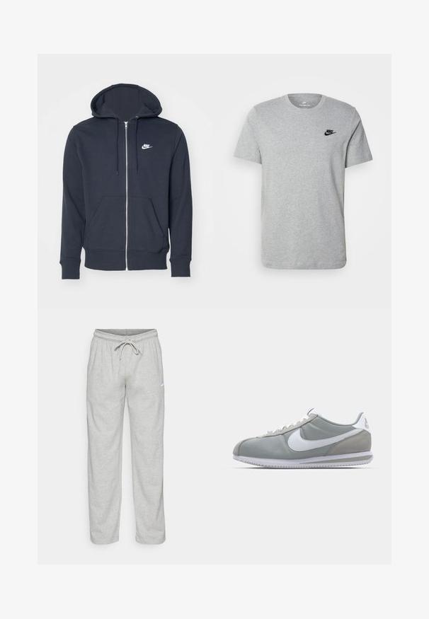 Tummanharmaa vetoketjullinen huppari, joka on valmistettu pehmeästä kankaasta. Varustettu etuvetoketjulla, kahdella etutaskulla ja pienellä valkoisella Nike-logolla rinnassa.; Harmaa lyhythihainen T-paita, joka on valmistettu puuvillasta. Paidassa on musta Nike-logo rinnassa ja pyöreä kaula-aukko. Minimalistinen muotoilu ilman kuvioita.; Vaaleanharmaat collegehousut, jotka on valmistettu pehmeästä kankaasta. Ominaisuuksiin kuuluu joustava vyötärö, jossa on naru, sekä musta Nike-logo vasemmassa reidessä.; Harmaa urheilujalkine, jossa on mokka- ja tekstiilipäällinen, valkoinen Nike-tikkukiinnitys ja valkoiset nauhat. Varusteena on kuvioitu kumipohja ja pehmustettu nilkkaosa.